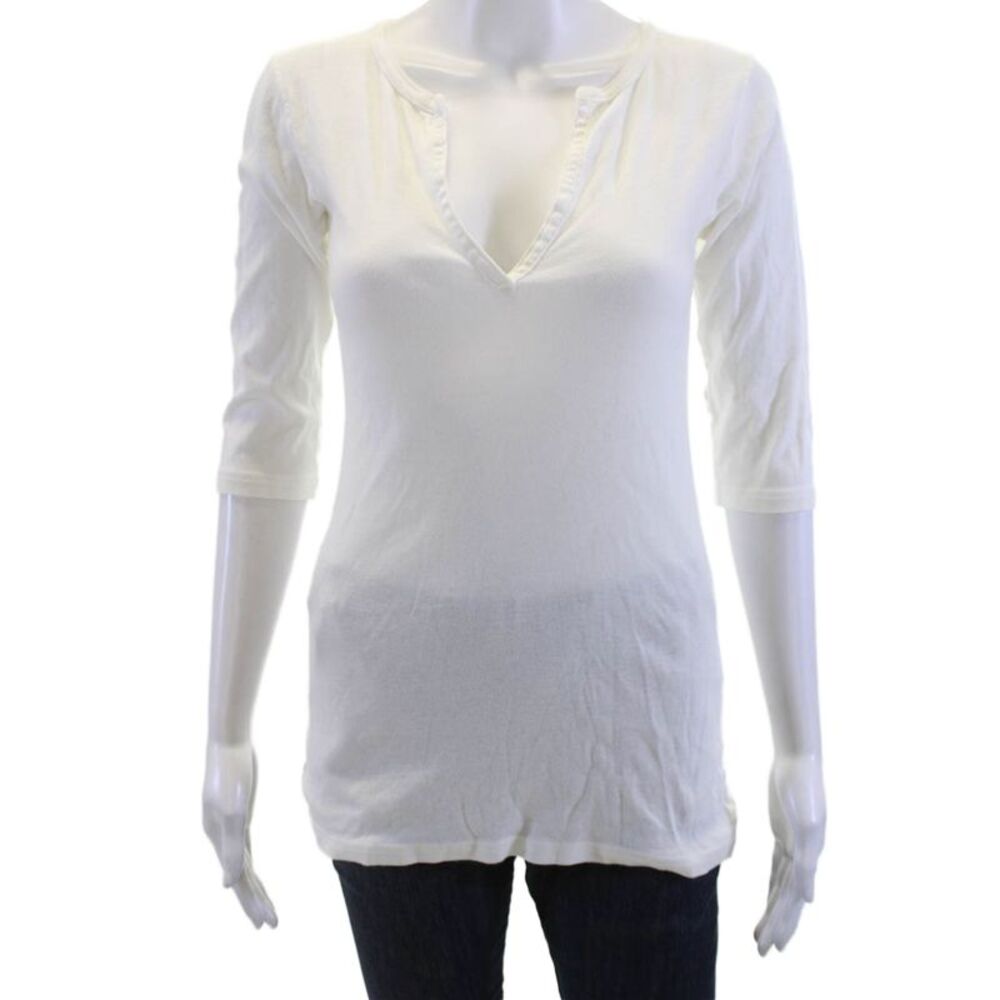 Michael Stars Women White Silk V Neck 3/4 Sleeve T Shirt 90s Size One Size